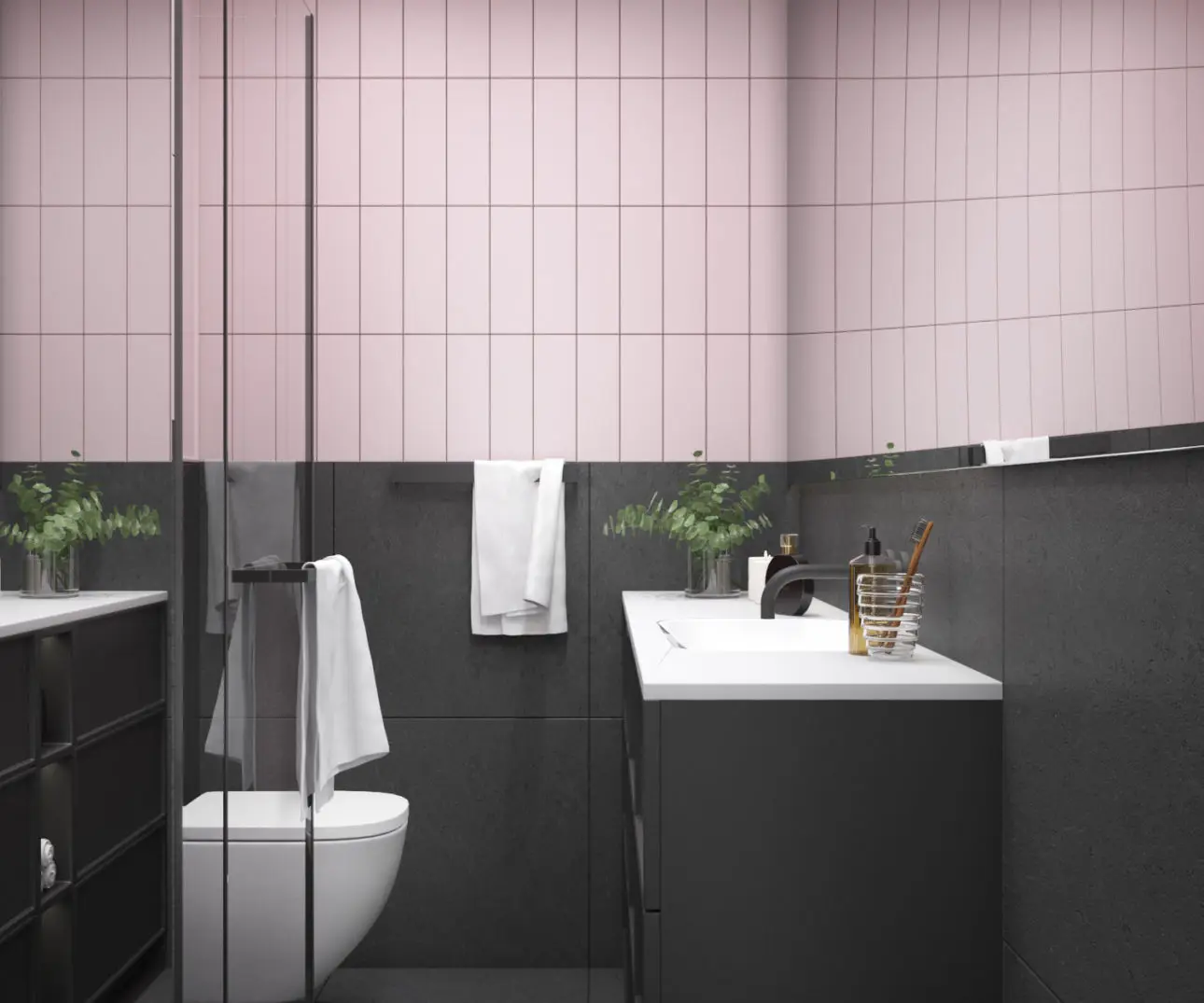 Szaro – różowa strefa wc | proj. ZEN Interiors