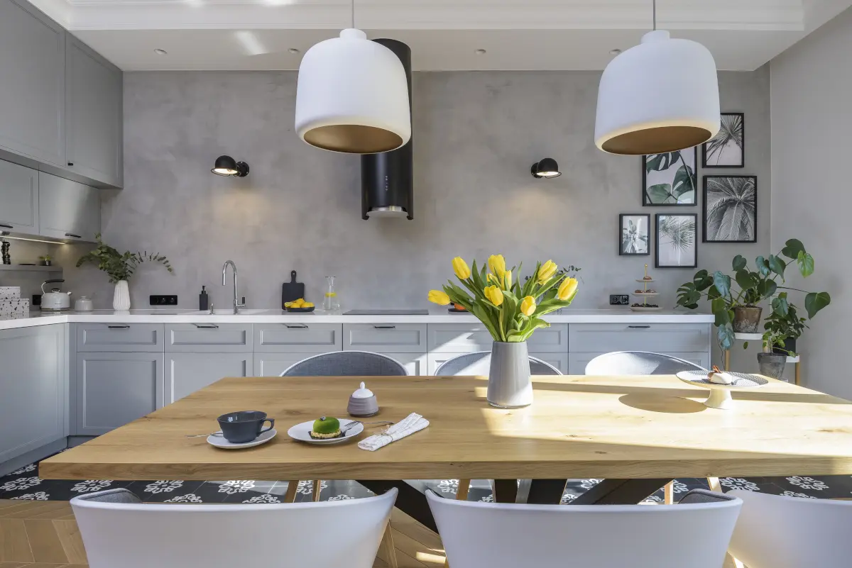 Szara kuchnia z jadalnią | proj. EG Projekt