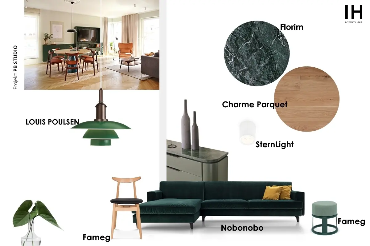 <strong>Strefa dzienna z elementami głębokiej zieleni, którą idealnie dopełniają rudości i naturalne drewno.</strong>