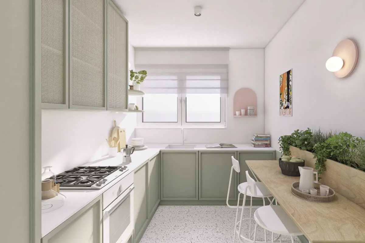 Miętowa kuchnia, zainspirowana przez naturę. | Projekt: Joanna Osajda – Osajda Studio Architektura Wnętrz