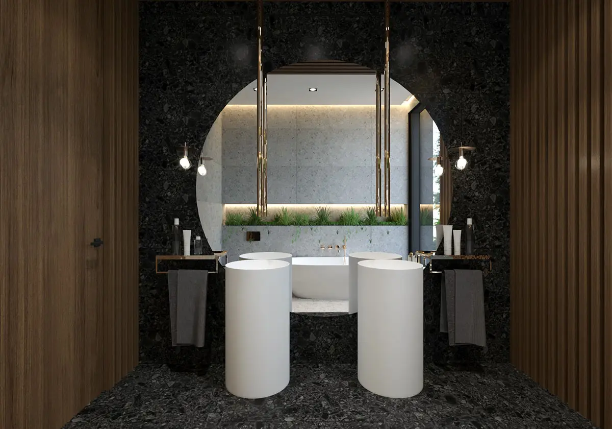 Umywalki stojące na podłodze na tle płytek marki Soloss