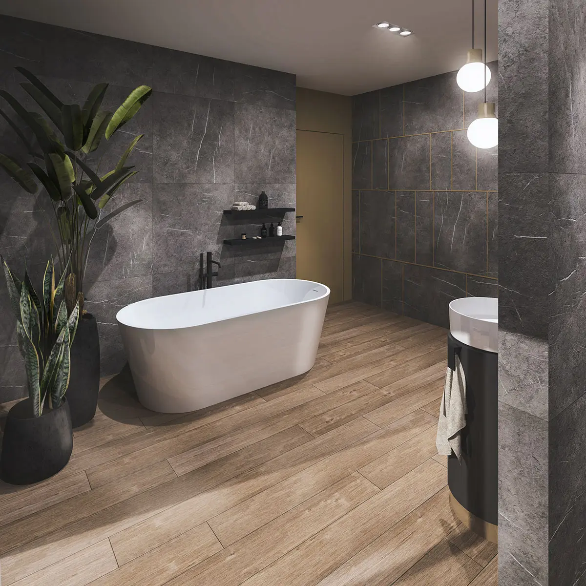 Płytki drewnopodobne Sequola marki<a href="http://soloss.pl/"> Soloss</a> w projekcie łazienki | proj. Katarzyna Lisek Kaja_Decor