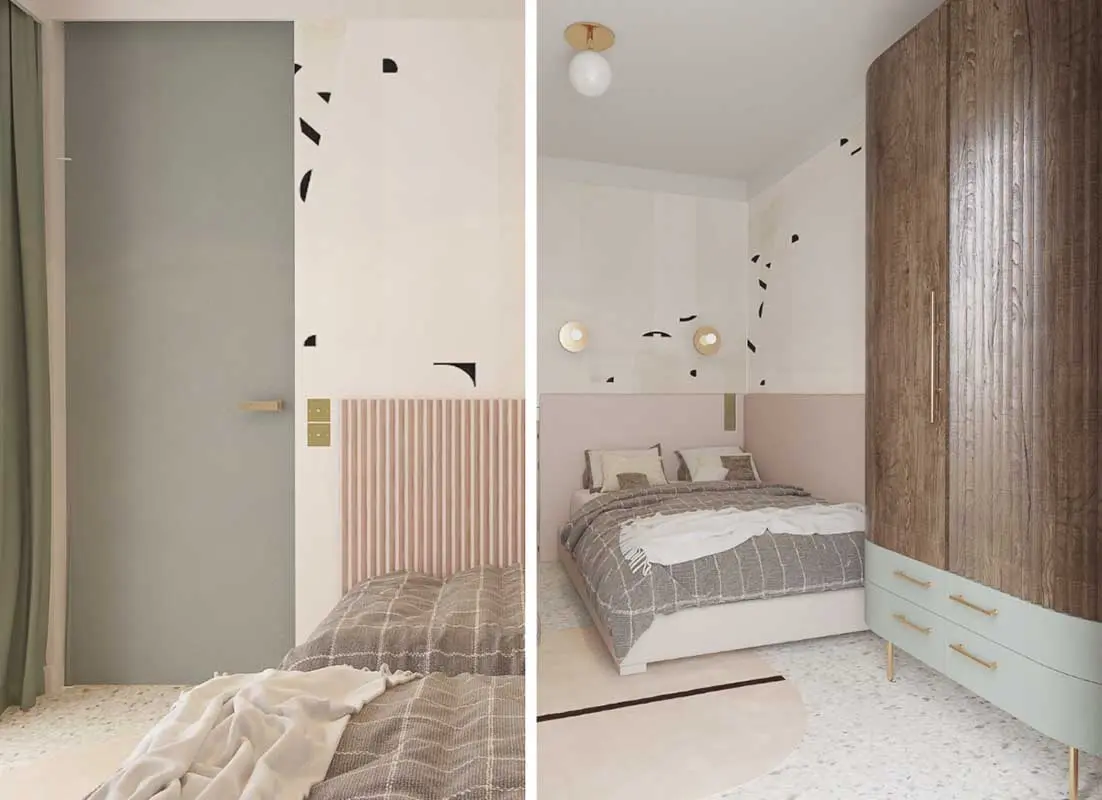 Pastelowa sypialnia z akcentami mięty. | Proj.: COI Pracownia Architektury Wnętrz