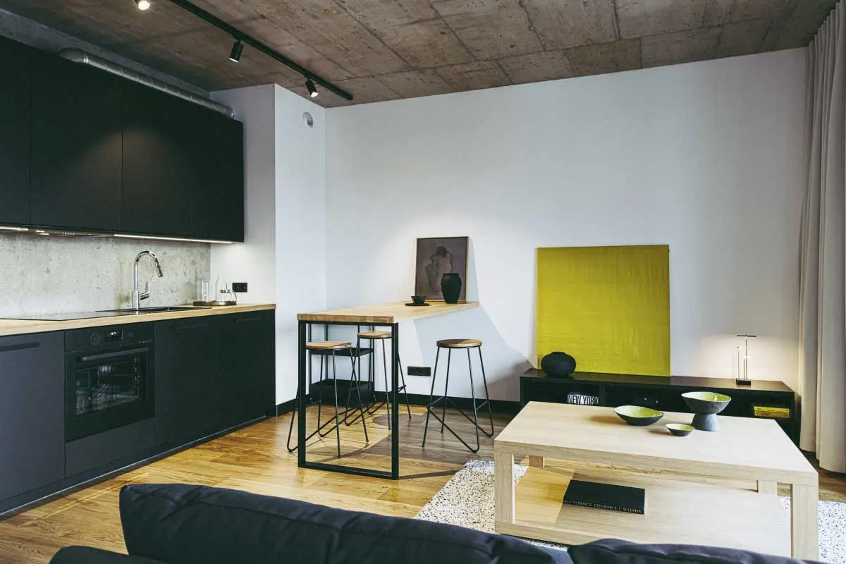 Projektory oświetlają jednocześnie aneks kuchenny i strefę dzienną. | Projekt: Joanna Walewska, Fot.: Maciej Kruger