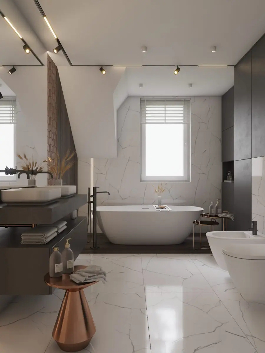 System oświetlenia magnetycznego Archlines marki SternLight w projekcie łazienki biura projektowego Dezeen Architekci Natalia Pęcka