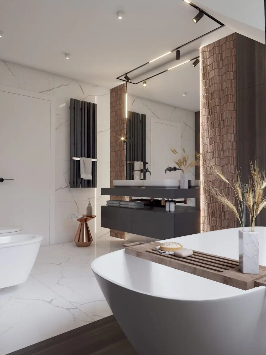 Oświetlenie magnetyczne Archlines marki SternLight w projekcie łazienki biura projektowego Dezeen Architekci Natalia Pęcka