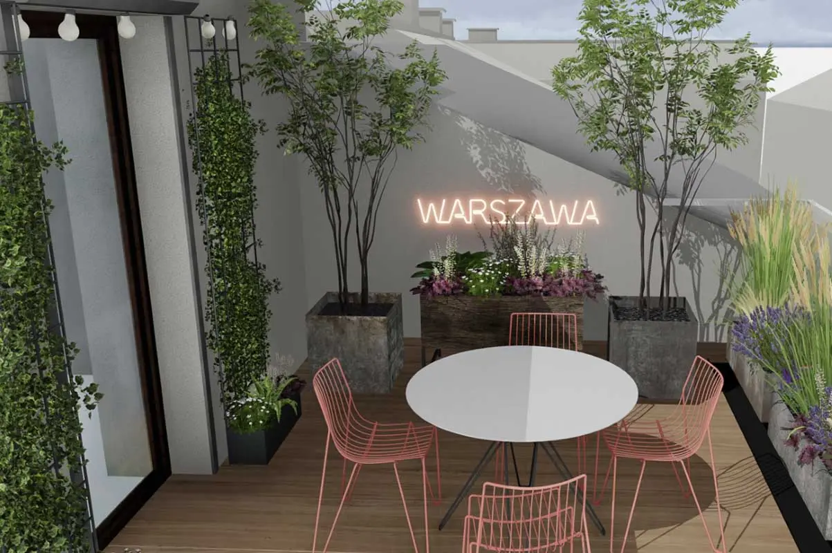 Nowoczesny taras w kamienicy. | Proj: Naturalnie Studio Projektowe