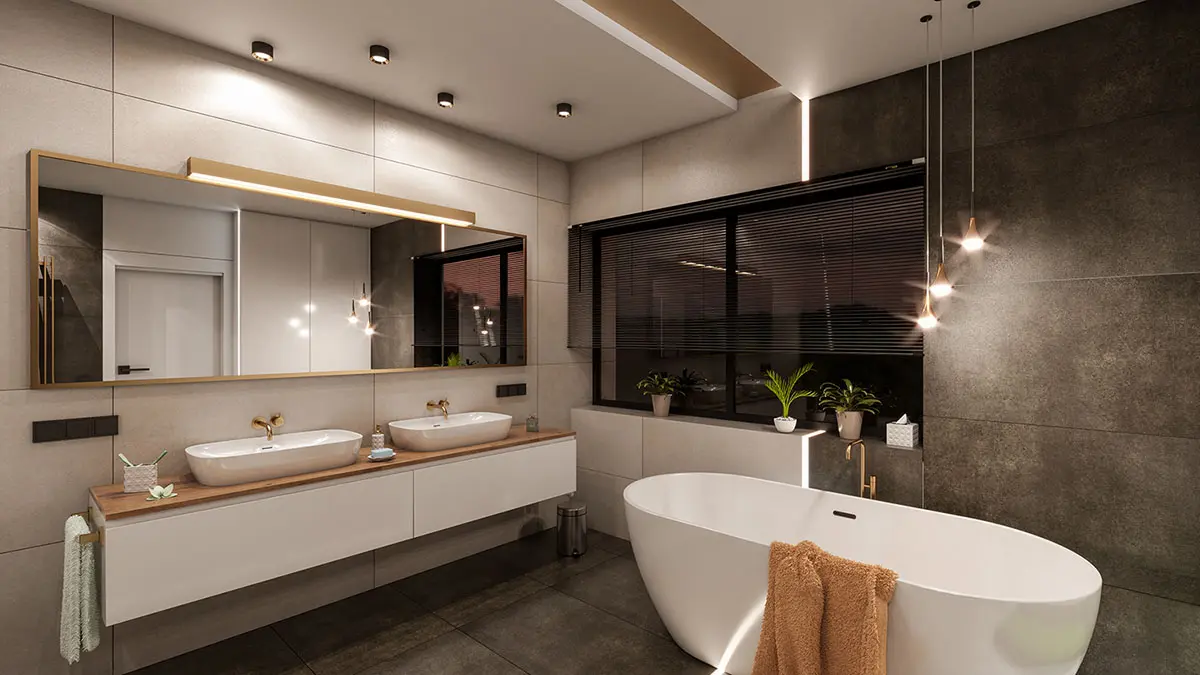 Ceramika imitująca beton Forza marki Soloss w projekcie łazienki | proj. Pracownia Abrys Agnieszka Wojciechowska