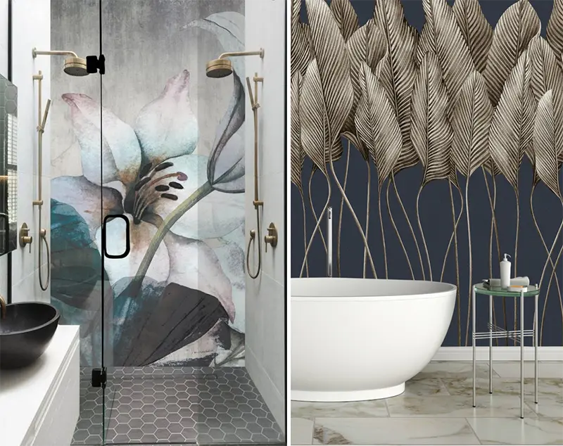 Polskie tapety One Wall Design w aranżacjach łazienki: z wanną i prysznicem