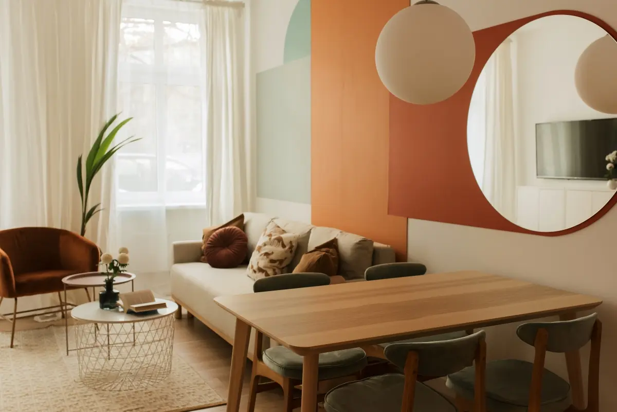 Mieszkanie inspirowane wrocławskim modernizmem w róznych odcieniach terakoty. | Projekt: MAUO.DESIGN; fot. Mateusz Szeliga ( www.mateuszszeliga.pl)