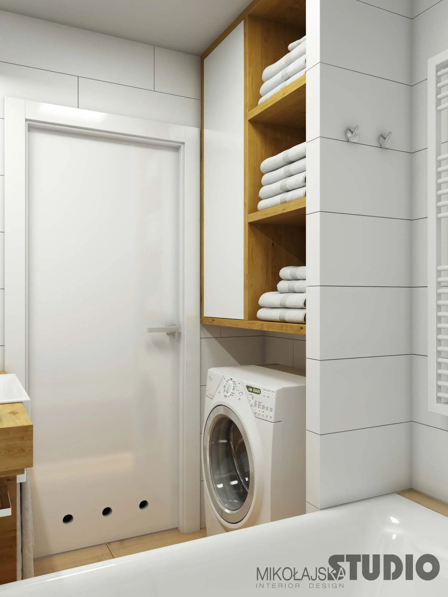Projekt łazienki z płytkami drewnopodobnymi na podłodze | Projekt Mikołajska Studio