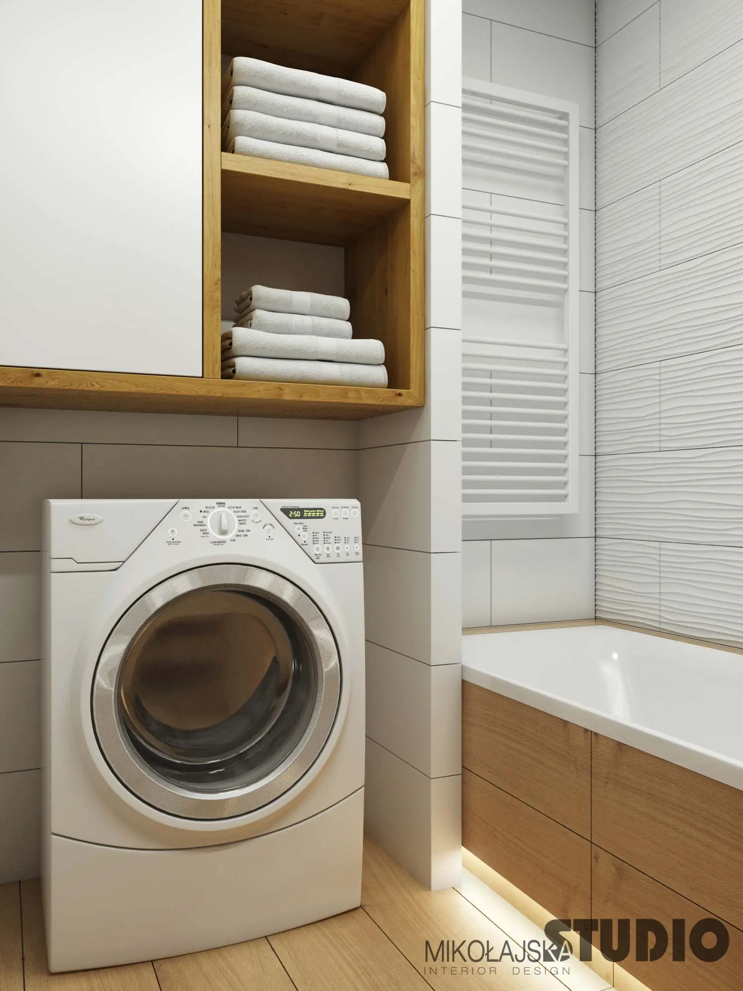 Projekt łazienki z płytkami drewnopodobnymi na podłodze | Projekt Mikołajska Studio