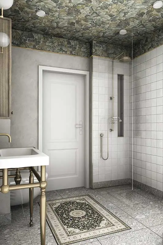 Tapeta z floralnym wzorem na suficie w łazience. | Proj.: Formea studio