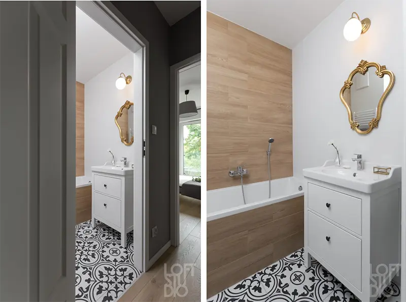 Projekt łazienki drewnopodobne i patchwork