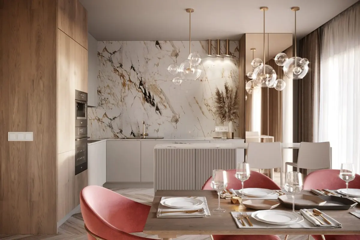 Kontrastowa tekstura marmuru nad blatem kuchennym. | Proj. Ideal makers