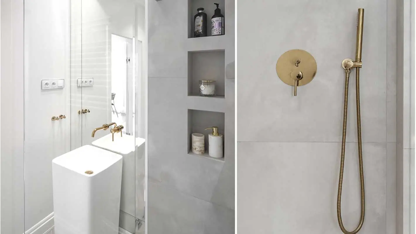 Szara łazienka ze złotą armaturą | proj. Marika Kafar Autorska Pracownia Architektury Wnętrz