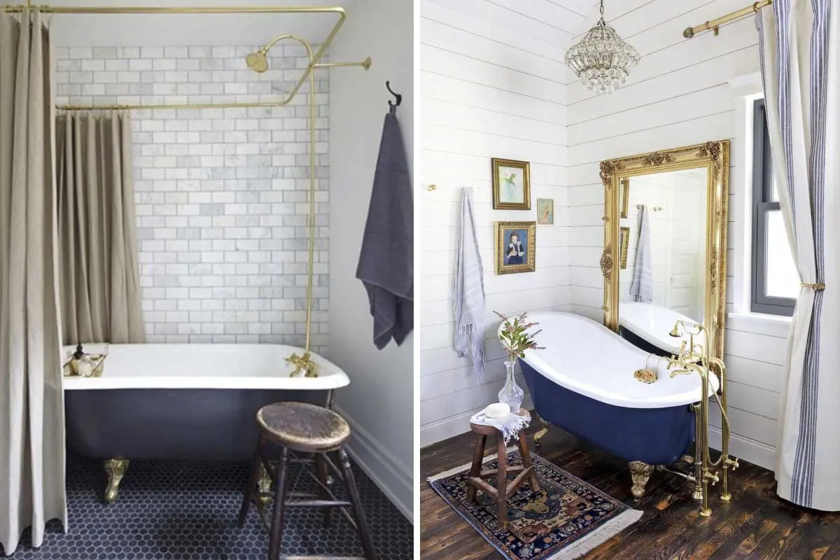 Zasłona prysznicowa zainstalowana przy wannie, nada wnętrzu wiktoriańskiego klimatu