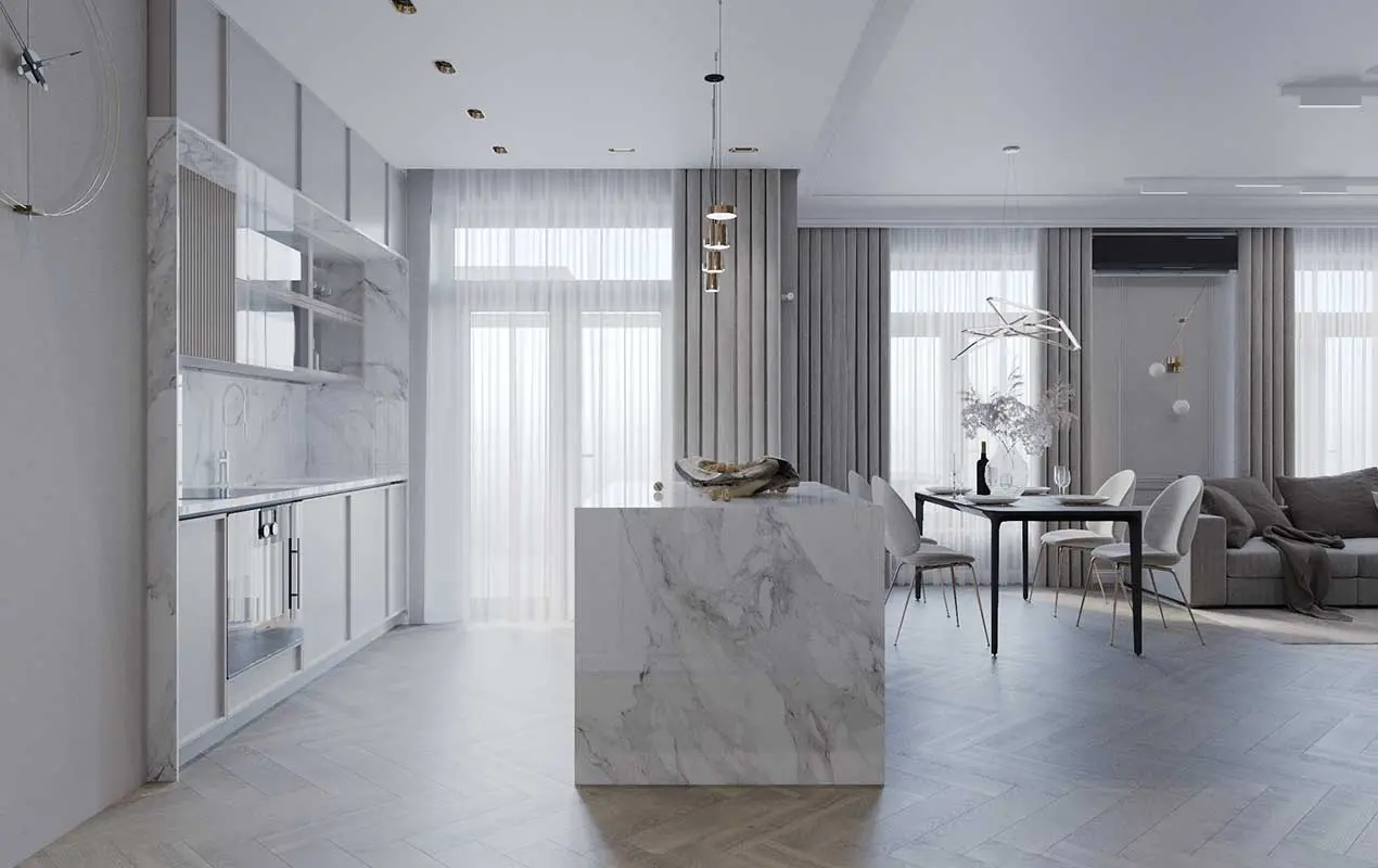 Golden Room Agata Oparcik | Kuchnia z wyspą z płyt wielkoformatowych