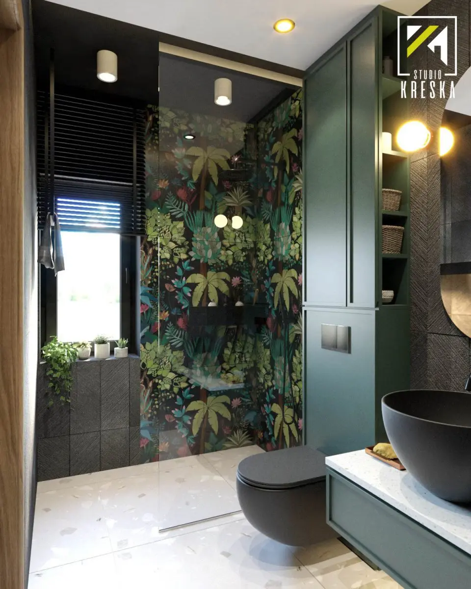 Motyw urban jungle w loftowej łazience | proj. Studio Kreska