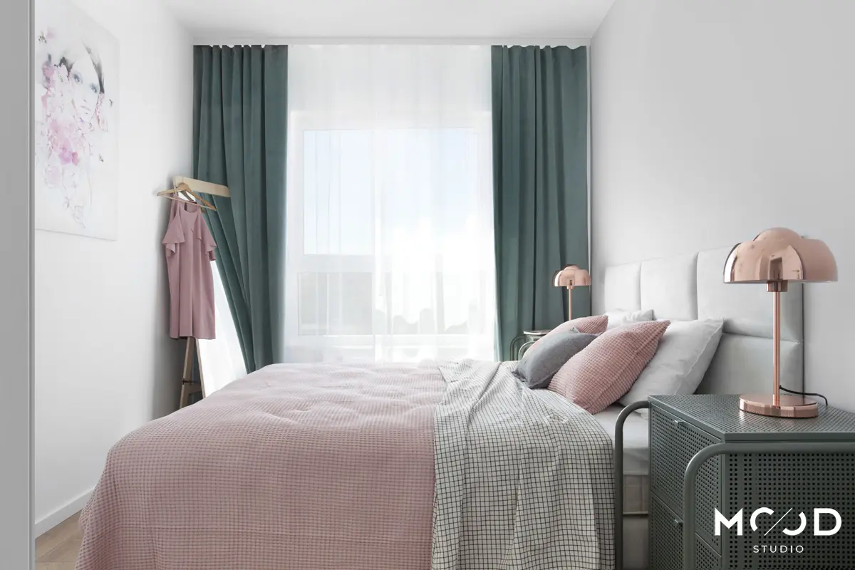 Zieleń, róż i złoto w sypialni. | Proj.: Iga Żywica – MOOD STUDIO