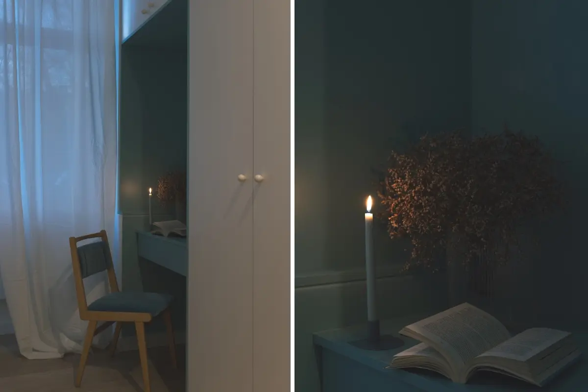 Wnęka w szafie wykorzystana do zorganizowania strefy home office. | Proj.: MAUO.DESIGN; fot.: Mateusz Szeliga www mateuszszeliga pl