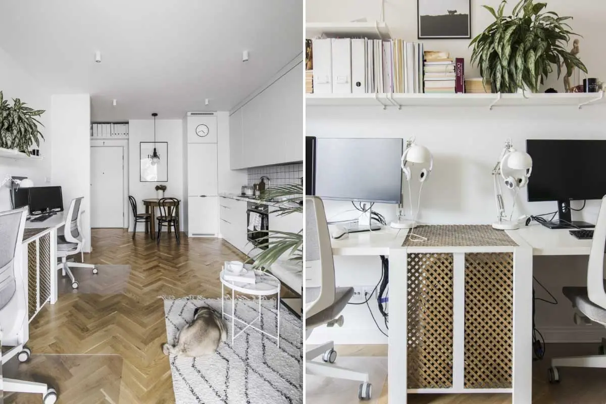 Strefa home office „wtopiona” w przestrzeń salonu. | Projekt: NORESTSTUDIO