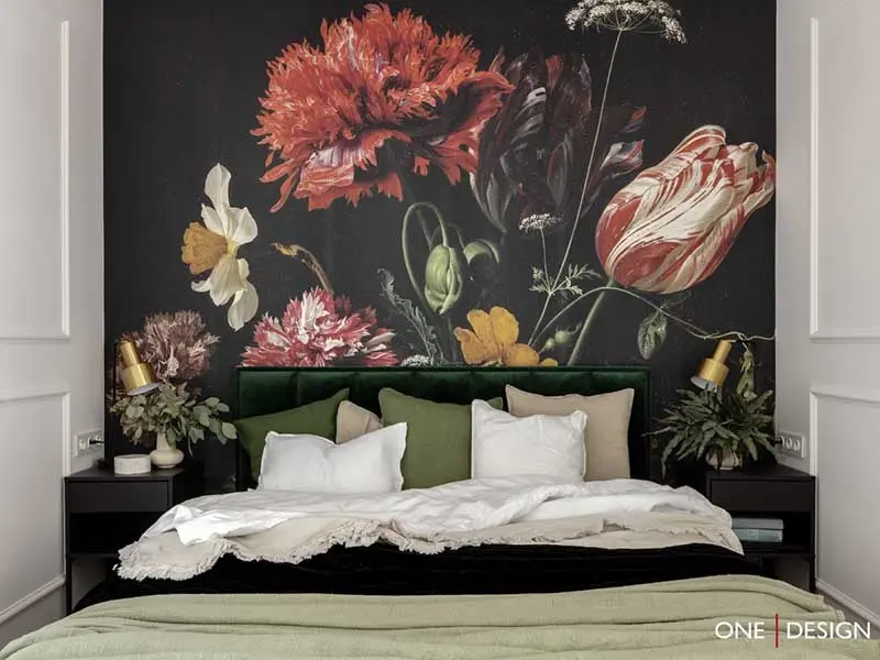 Oryginalna tapeta w sypialni. | Proj,: One Design; Fot.: @ayukostudio