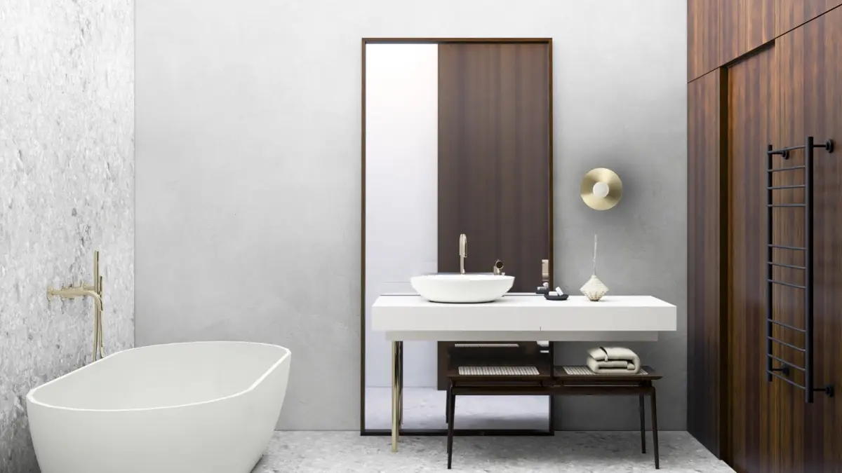 Łazienka w klimacie Mid-century. | Proj.: Pracownia IN