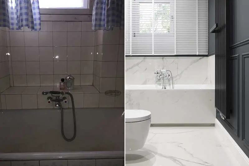 Widok łazienki przed i po metamorfozie. | Proj. Hanna Pietras Architects