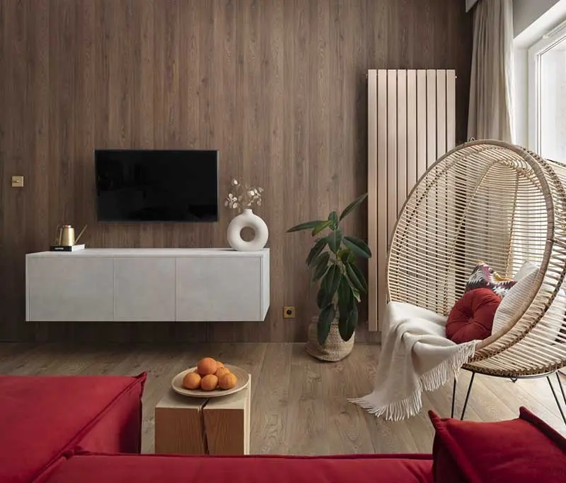 Panele winylowe to idealny materiał do obudowy śniany. | Proj.: Satori Interior; fot.: Mikołaj Dąbrowski Fotografia Wnętrz