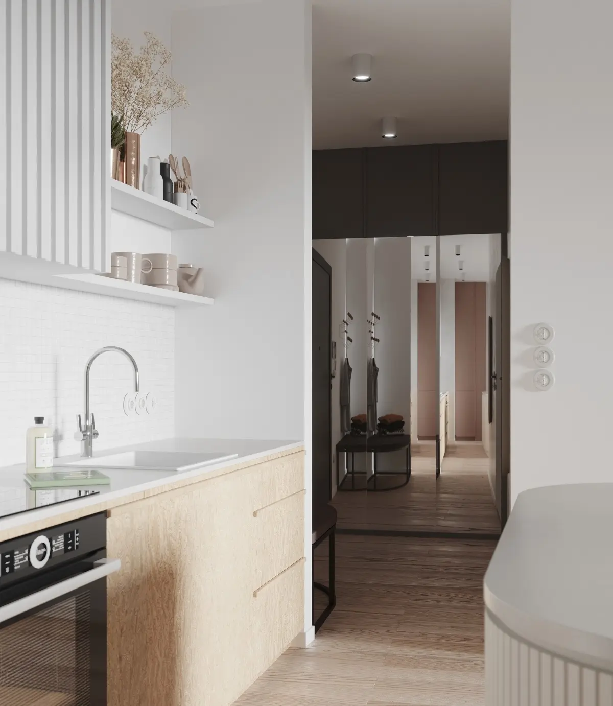 Fornir czeczotowaty w zabudowie kuchennej. | Projekt: Inbalance Studio; Wizualizacje: Will be studio
