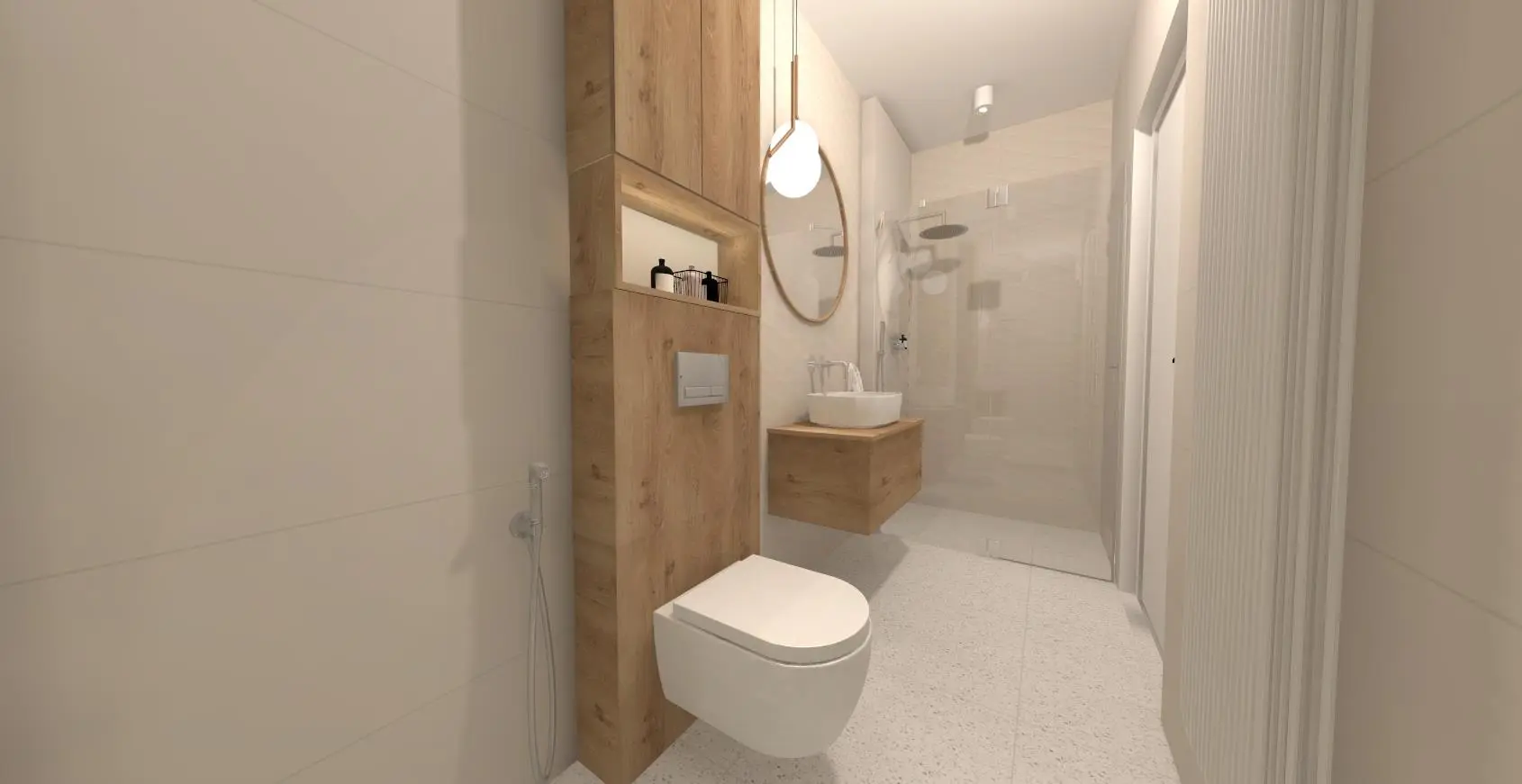 Projekt łazienki w bieli i drewnie 