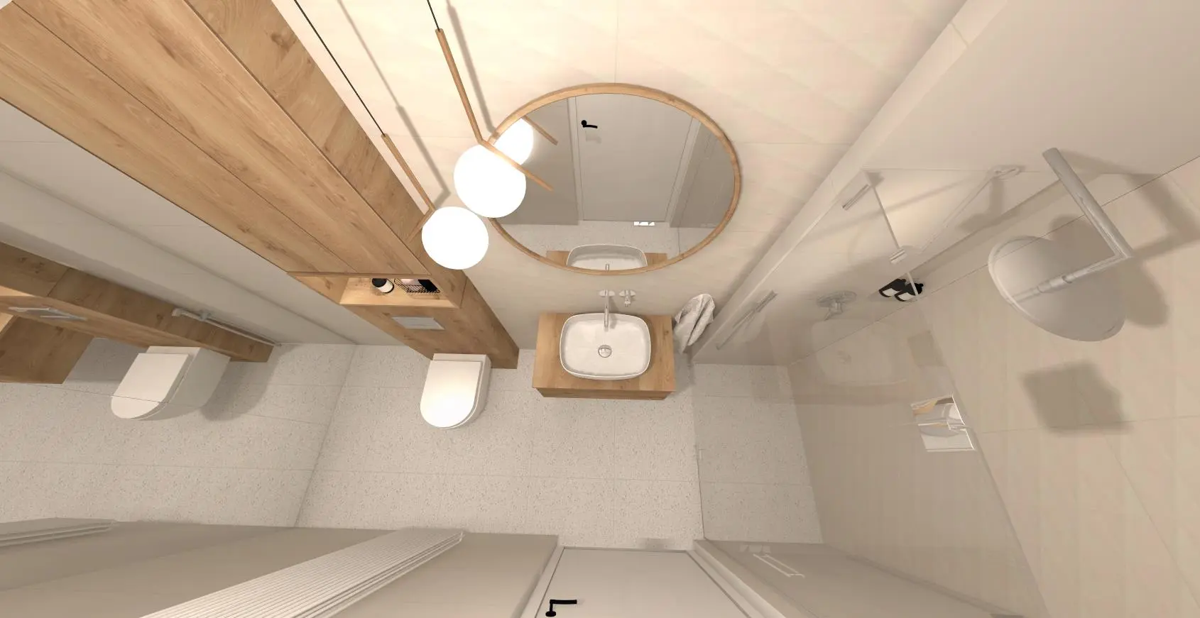 Projekt łazienki w bieli i drewnie 