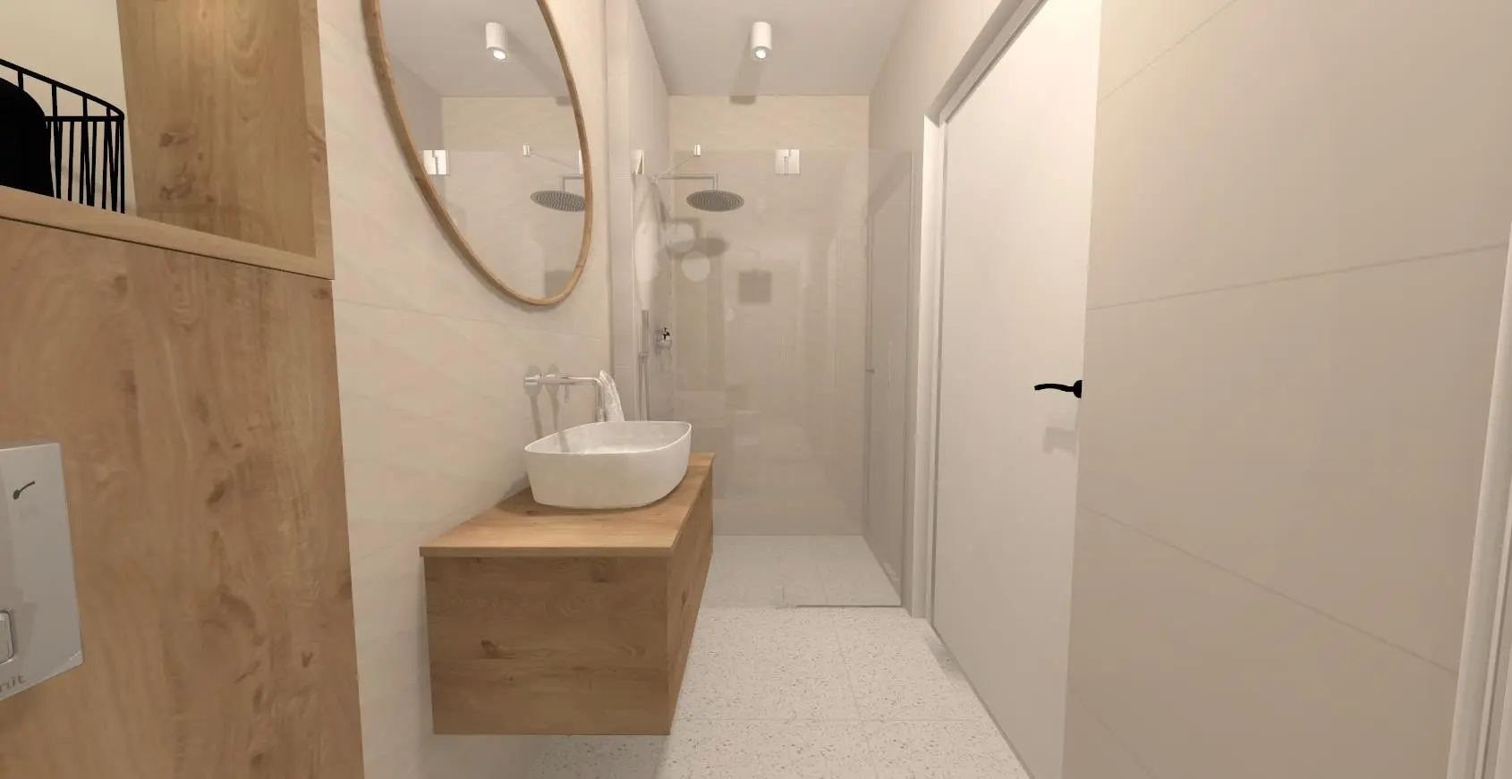 Projekt łazienki w bieli i drewnie 