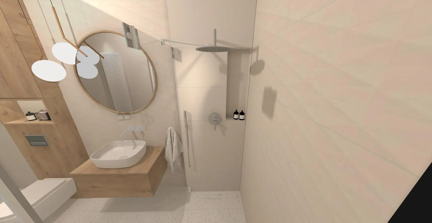 Projekt łazienki w bieli i drewnie 