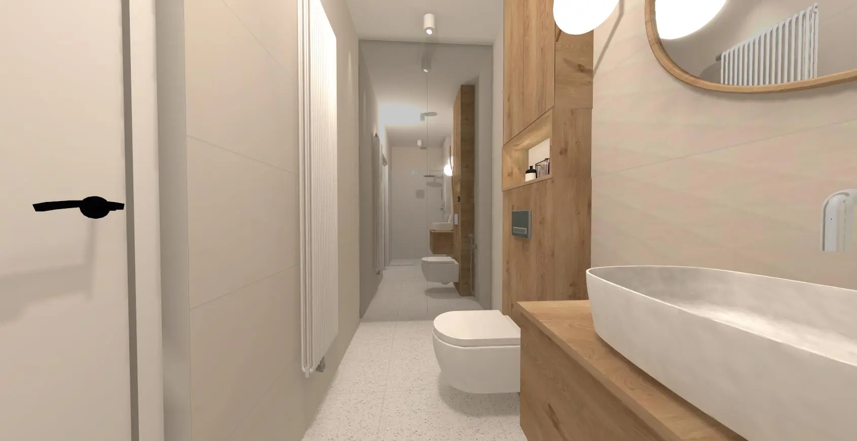 Projekt łazienki w bieli i drewnie 