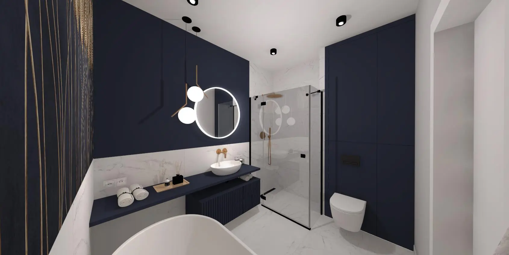 Granatowa łazienka z tapetą i wanną wolnostojącą Projekt granatowej łazienki z tapetą | Monika Pyśk