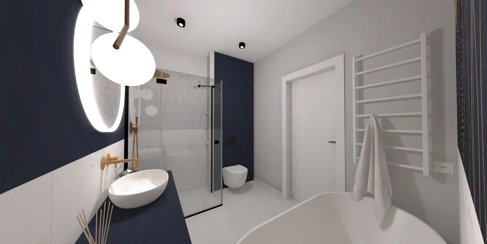 Granatowa łazienka z tapetą i wanną wolnostojącą Projekt granatowej łazienki z tapetą | Monika Pyśk
