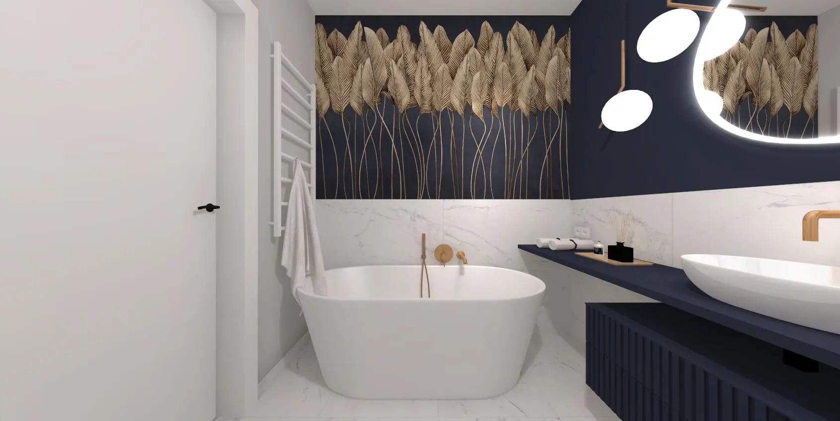 Granatowa łazienka z tapetą i wanną wolnostojącą Projekt granatowej łazienki z tapetą | Monika Pyśk