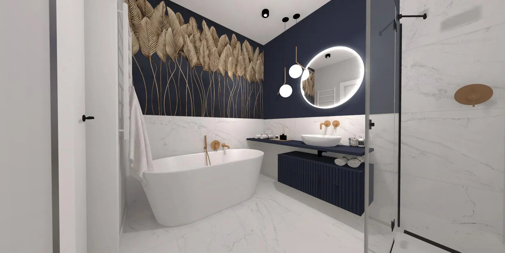 Granatowa łazienka z tapetą i wanną wolnostojącą Projekt granatowej łazienki z tapetą | Monika Pyśk