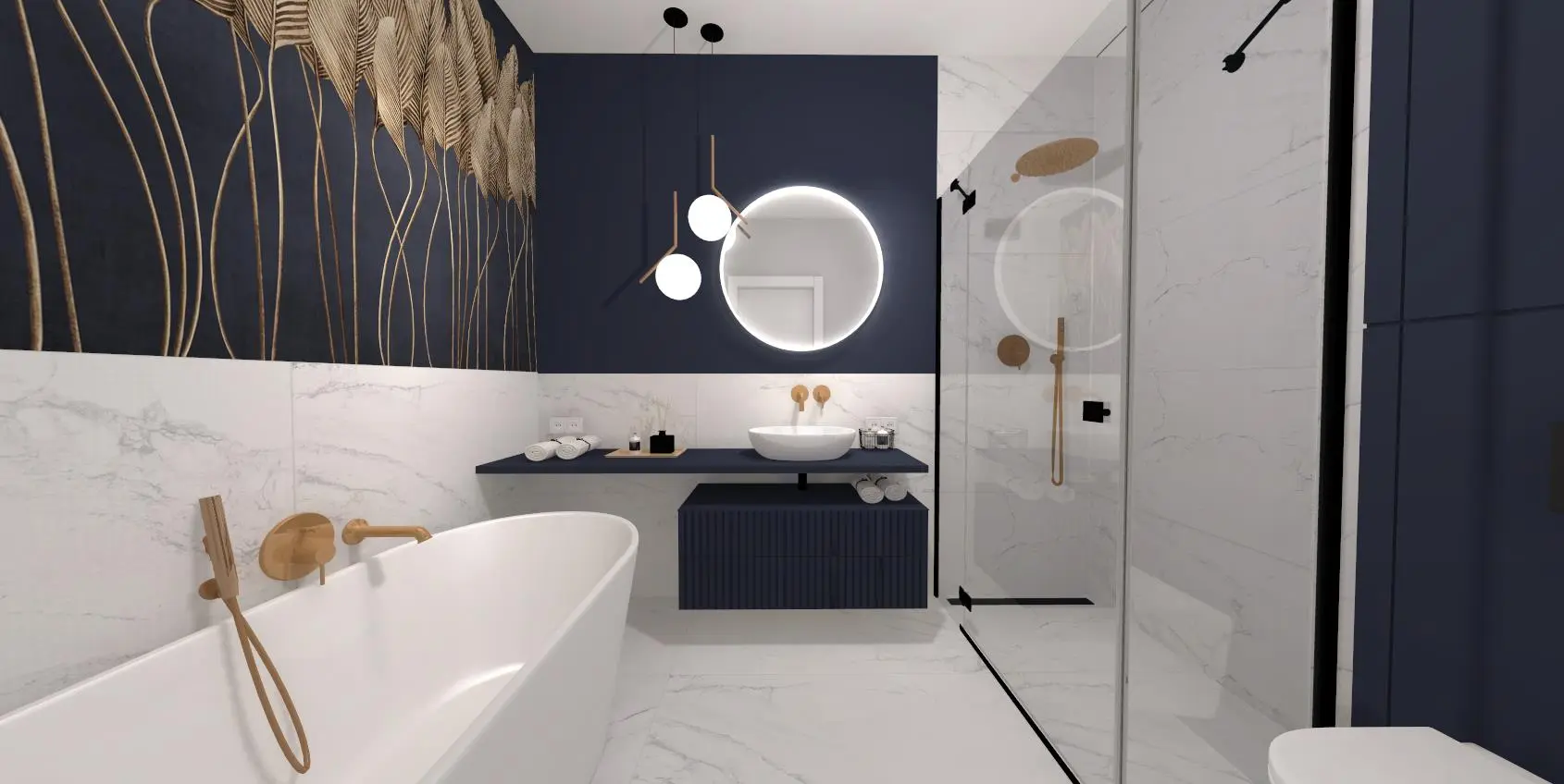 Granatowa łazienka z tapetą i wanną wolnostojącą Projekt granatowej łazienki z tapetą | Monika Pyśk