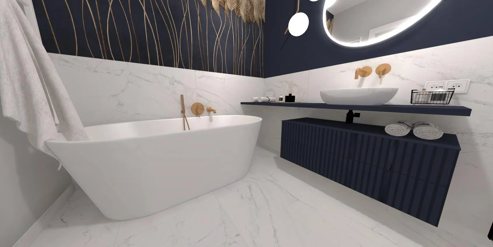 Granatowa łazienka z tapetą i wanną wolnostojącą Projekt granatowej łazienki z tapetą | Monika Pyśk
