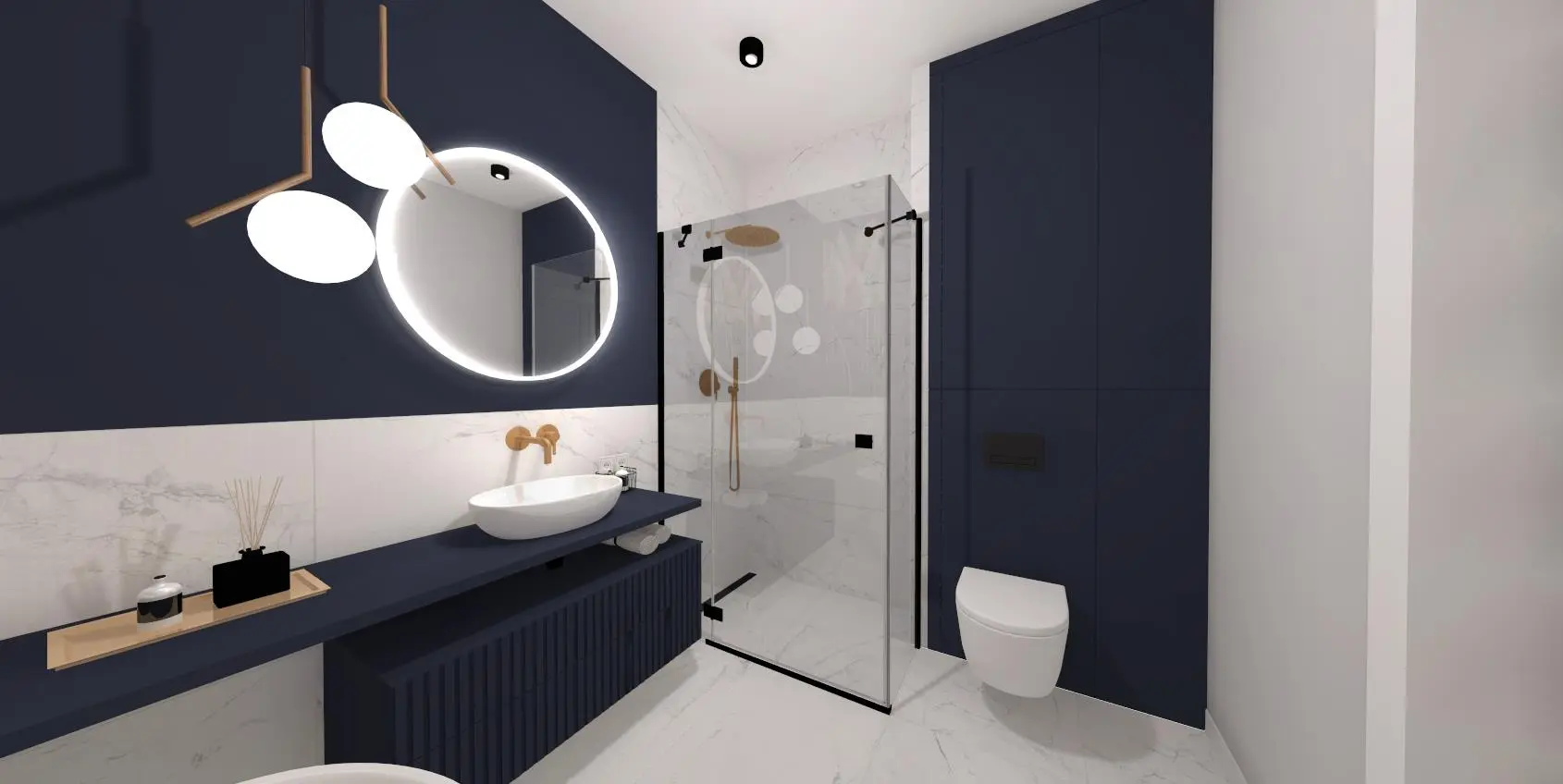Granatowa łazienka z tapetą i wanną wolnostojącą Projekt granatowej łazienki z tapetą | Monika Pyśk