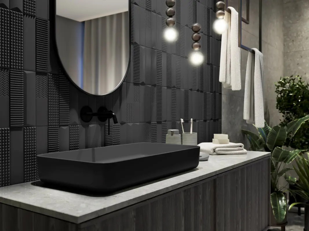 Projekt łazienki z kolorową ceramiką marki HushLab