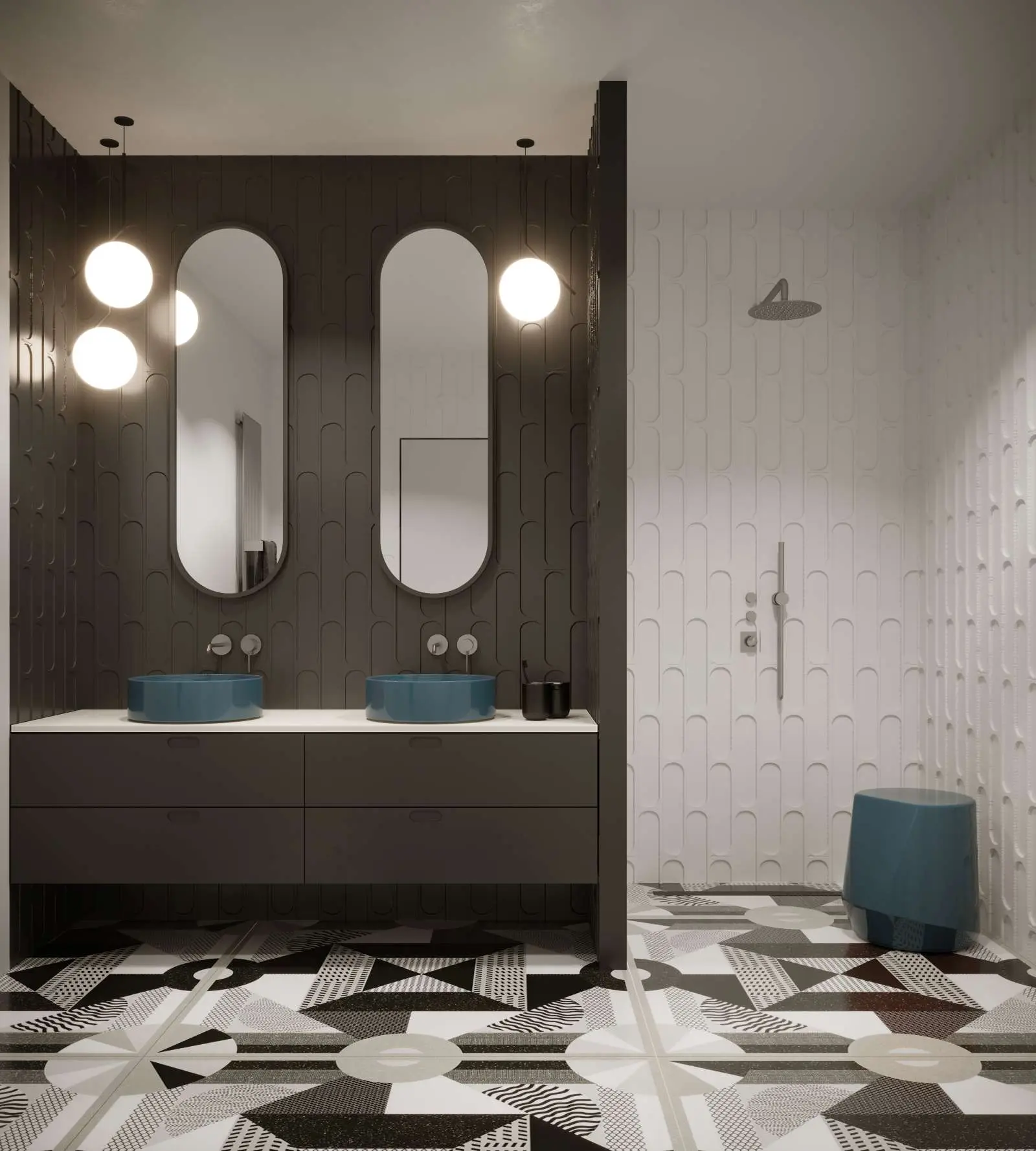 Biało czarna łazienka z granatową umywalką Hushlab