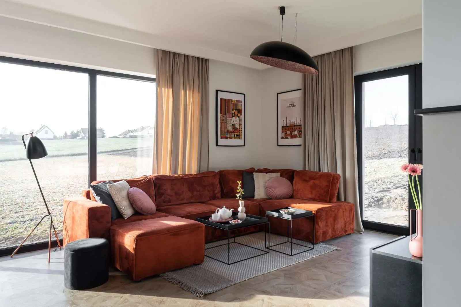 Salon z rudą sofa | Studio Niebyle