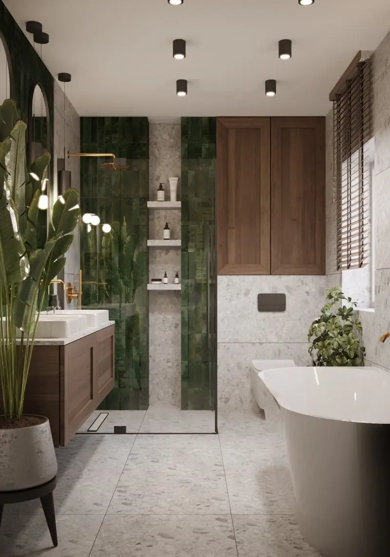 Zielona łazienka z wanną i prysznicem