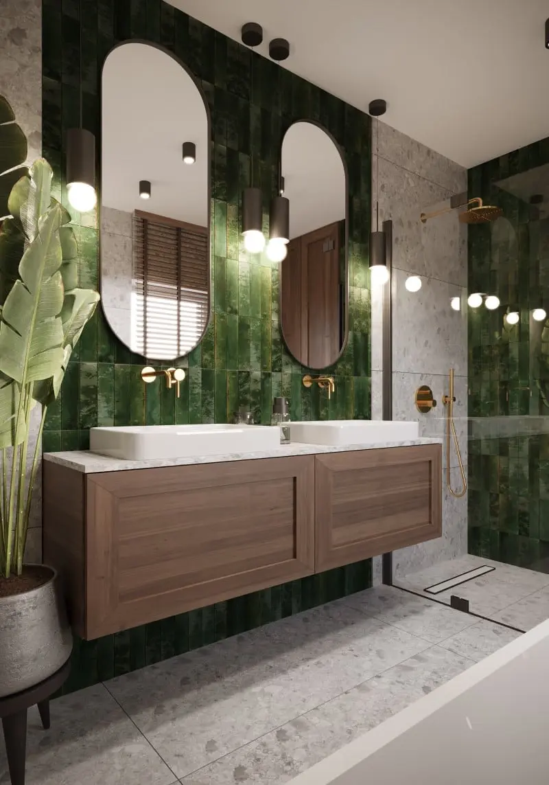 Szara łazienka z elementami drewna, złota i zieleni