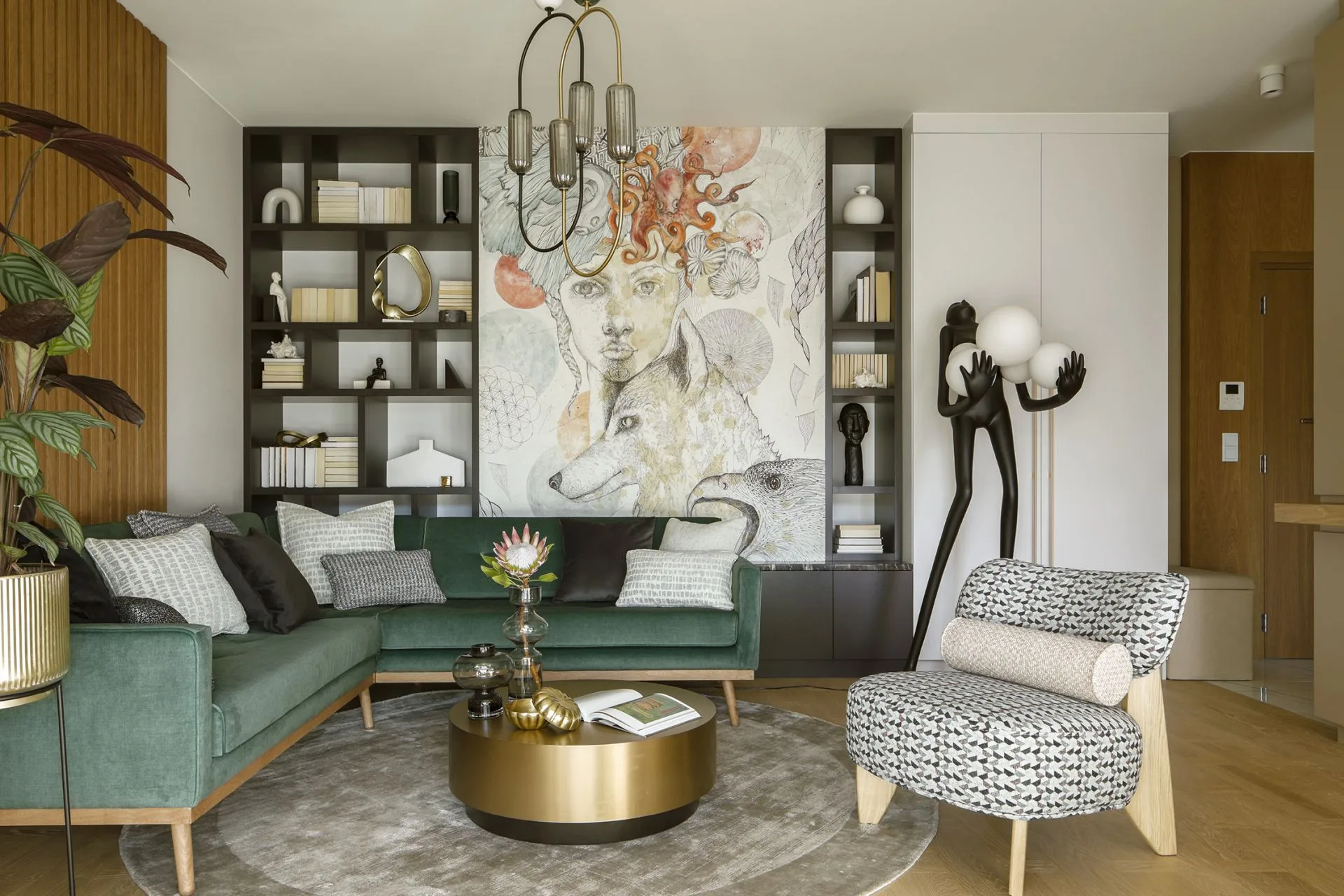 salon z zielonym narożnikiem